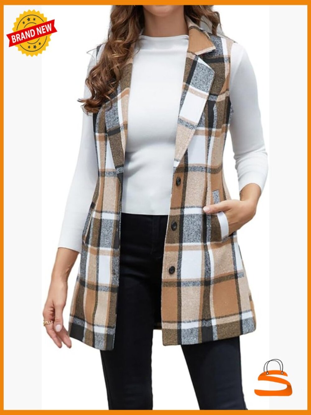 Sleeveless Plaid Blazer Vest for Women - Notch Lapel, Side Pockets, Slim Fit,